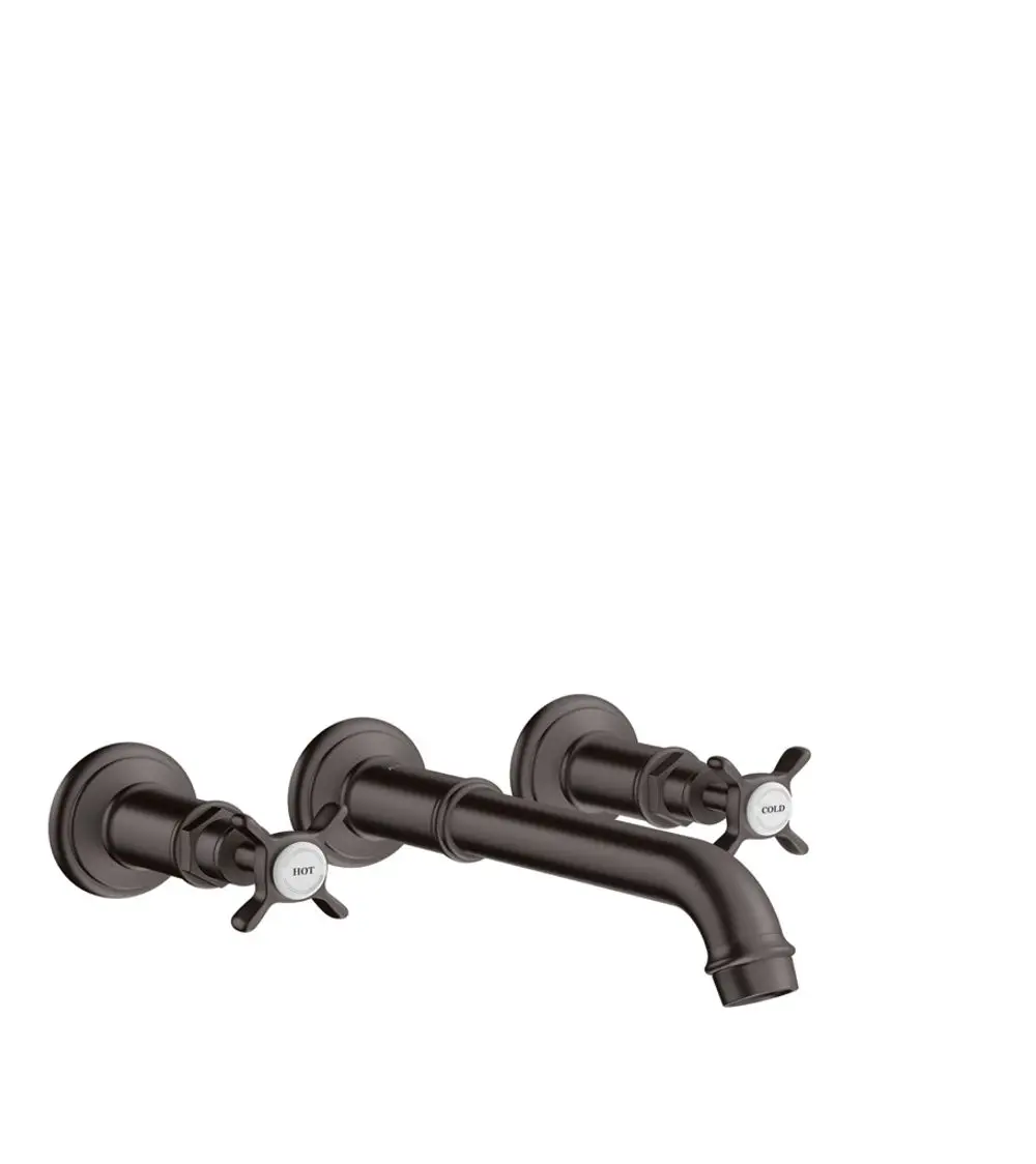 Waschtischarmatur von AXOR mit Wandmontage, zwei Kreuzgriffen, eine Auslaufdüse und in mattem Black Chrome-Finish. Geeignet für Aufputz-Installationen.